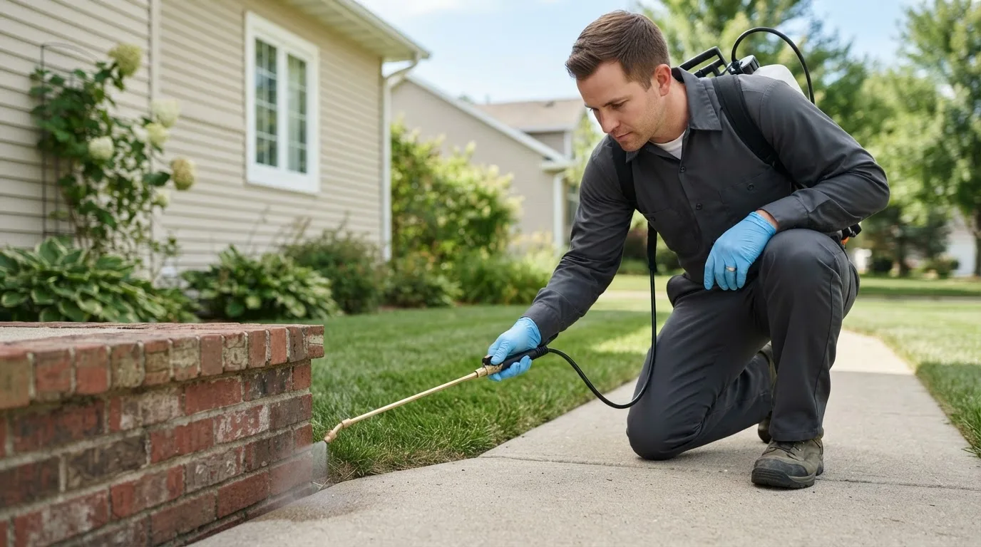 Pest control technician treating a home near Griswold, CT